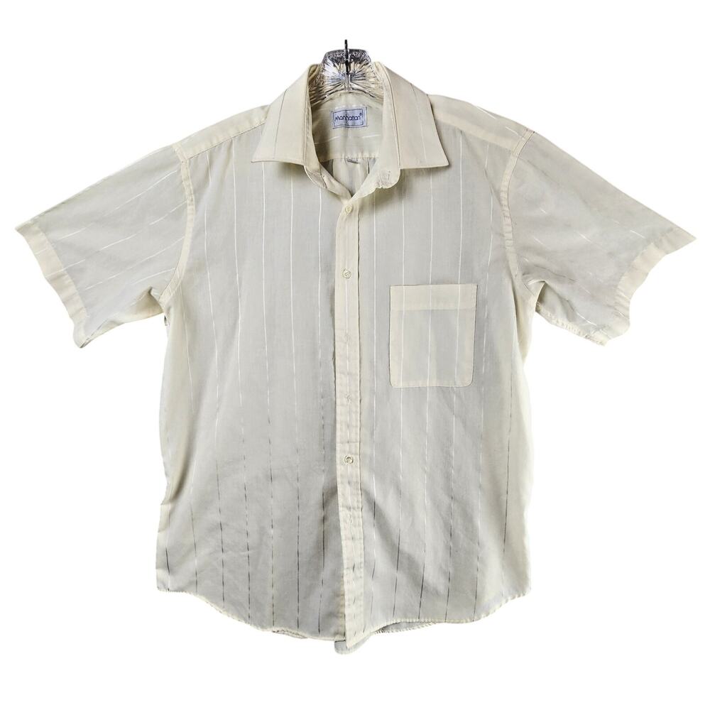 Manhattan Short Sleeve Button-Up Shirt Men 16 Light Yellow Striped